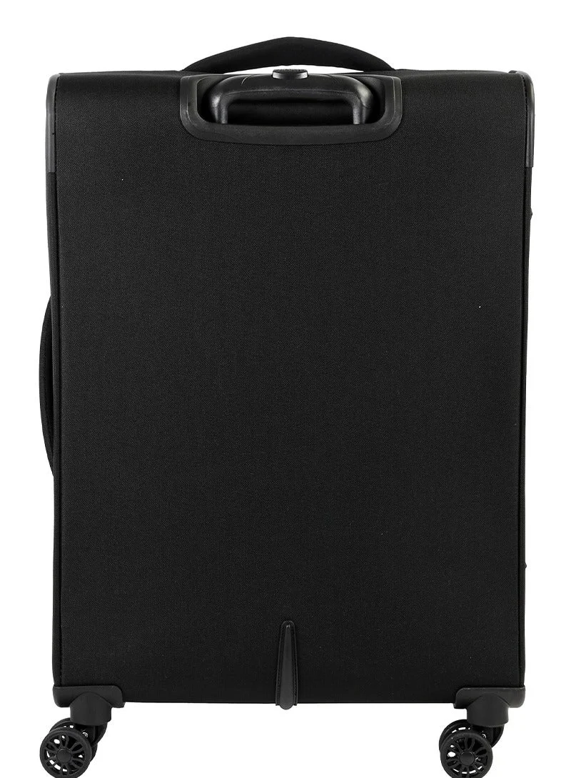 AMERICAN TOURISTER black Marina Suitcase, Check-In Size 70 cm / 26 inch, 4 Spinner Wheels, Soft Top, 100% Polyester, Black|Inner Mesh Zippered Pocket|Expandable|TSA Lock|Voluminous Front Pocket - 3 Years International Warranty  | Best Price UAE